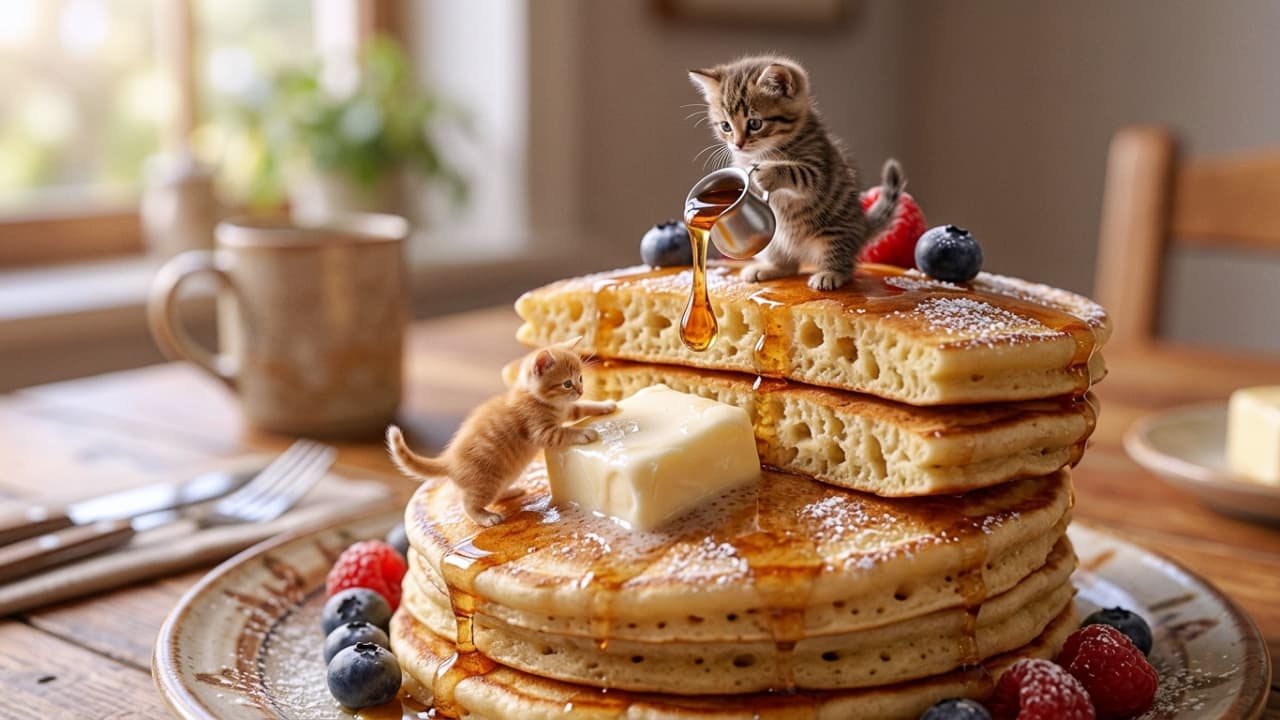 "Breakfast is served by the tiniest chefs in town! 🥞🍯 Fluffy pancakes and extra fluffier kittens! 🐾✨" Ultra-realistic high-quality photograph of two miniature kittens on a large stack of fluffy pancakes topped with butter and fresh berries. One kitten pours golden maple syrup from a tiny metal pitcher. The scene is bathed in soft morning sunlight filtering through a window.