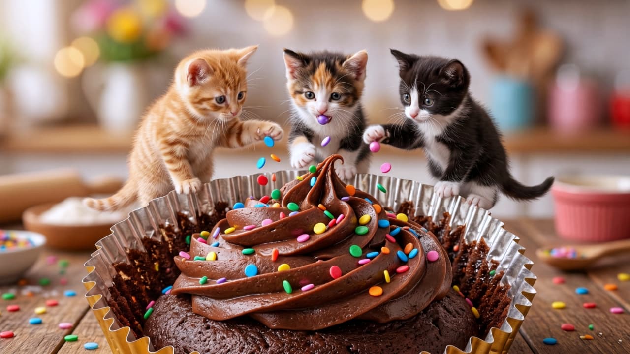 "Teamwork makes the dream work! 🧁✨ Our tiny bakers are putting the finishing touches on this chocolate masterpiece! 🐾🌈" Ultra-realistic high-quality photograph of three tiny kittens—ginger, calico, and tuxedo—decorating a massive chocolate cupcake with thick chocolate frosting. They are playfully scattering colorful sprinkles over the swirl. The kitchen background is warm and inviting.