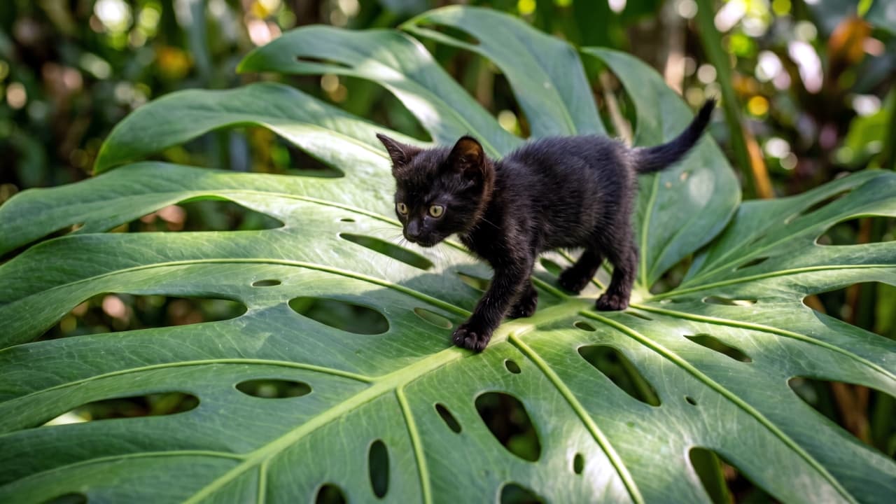 "A tiny panther in a giant jungle! 🌿🐈‍⬛ Exploring the great outdoors, one leaf at a time. ✨" Ultra-realistic high-quality photograph of a tiny black kitten walking carefully across a massive, vibrant green Monstera leaf. Natural jungle-like sunlight filters through the canopy, creating beautiful shadows and highlights on the kitten's fur and the leaf's texture.