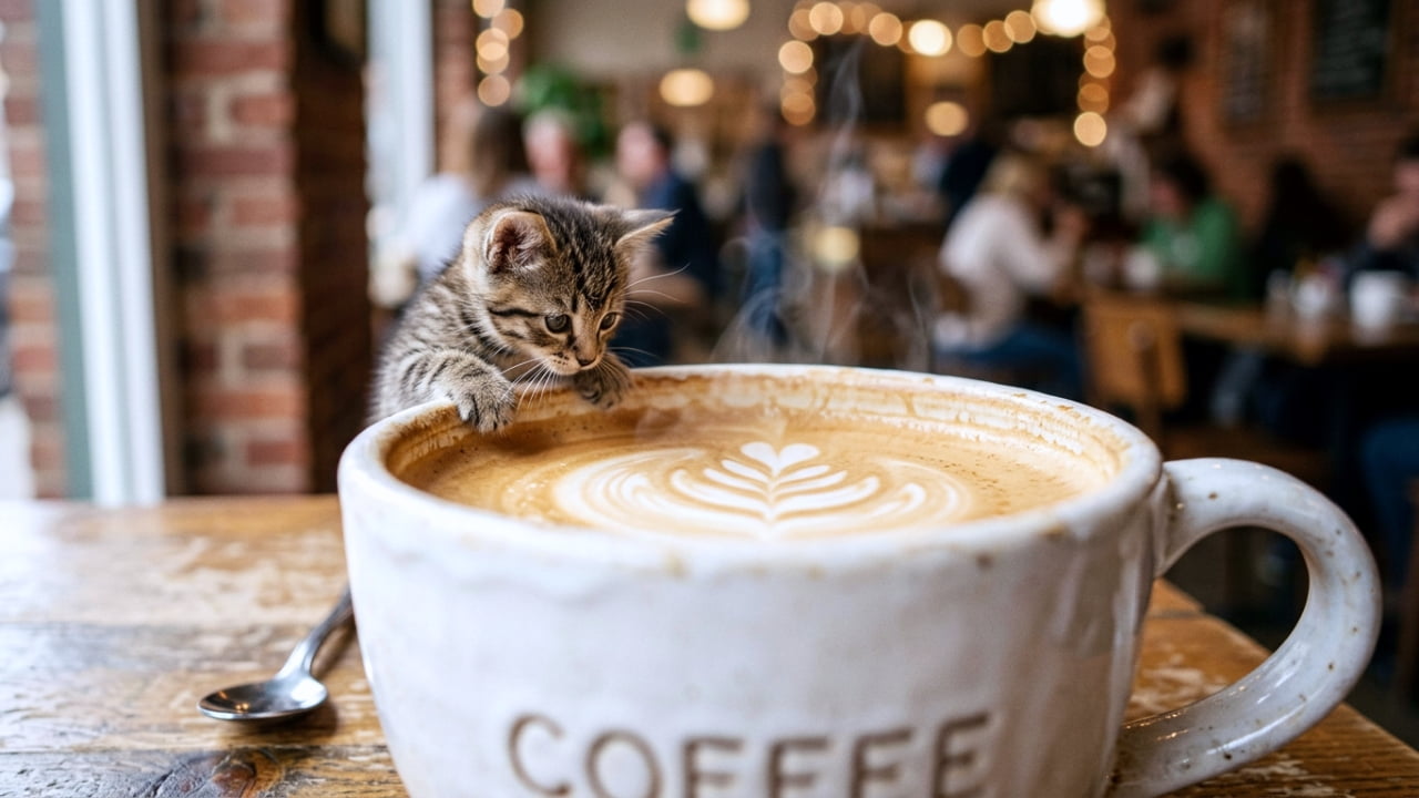 "Is it a cup of coffee, or a swimming pool for kittens? ☕️🐈 Just a little morning pick-me-up! ✨" Ultra-realistic high-quality photograph of a tiny tabby kitten standing on a wooden cafe table, peering curiously into a massive white ceramic cup filled with latte art. Steam rises gently, and the background features a warm, bustling cafe with blurred bokeh lights.