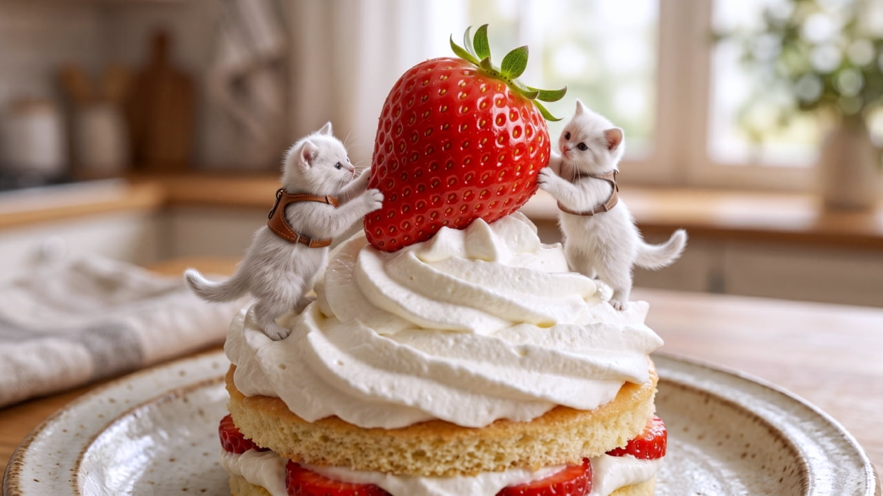 "The sweetest mountain climbing expedition you’ve ever seen! 🍓🐾 Who wants a slice of this cuteness? ✨" Ultra-realistic high-quality photograph of two tiny white kittens wearing brown harnesses, playfully climbing a massive, juicy red strawberry sitting atop a thick layer of whipped cream on a gourmet sponge cake. The background shows a soft-focus, bright kitchen setting.