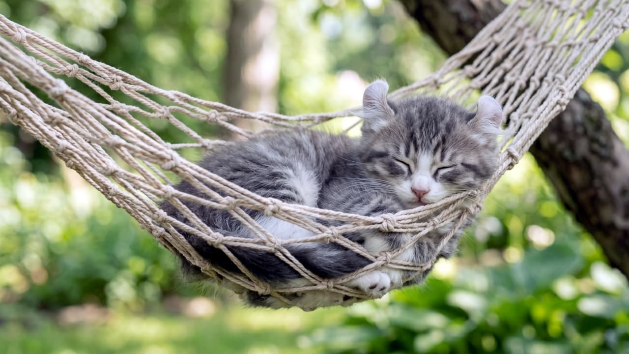 Ultra-realistic high-quality photograph of an American Curl kitten sleeping comfortably curled up in a small macrame hammock suspended between trees in a sunny, green garden.