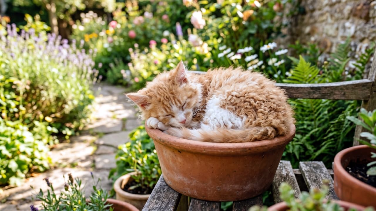 Ultra-realistic high-quality photograph of a LaPerm kitten sleeping curled up inside a terracotta flower pot on a wooden bench in a sunny, blooming garden.