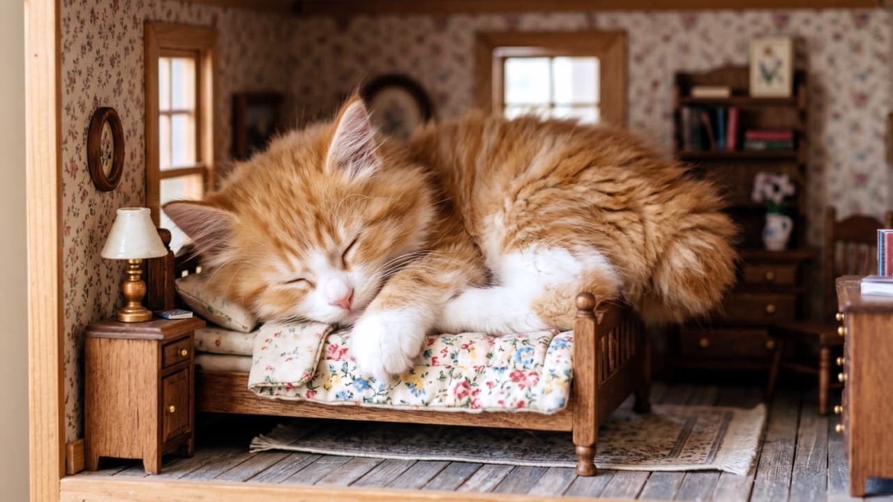 Ultra-realistic high-quality photograph of a Cymric kitten sleeping peacefully on a tiny floral bed inside a meticulously detailed vintage wooden dollhouse.