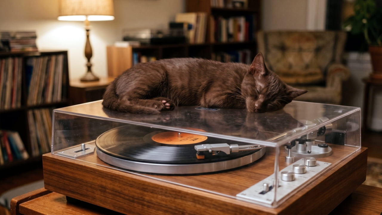 Ultra-realistic high-quality photograph of a Havana Brown kitten sleeping deeply on top of the clear acrylic dust cover of a vintage wooden turntable playing a vinyl record in a dimly lit, cozy living room.