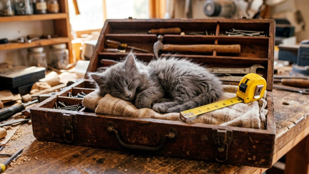 Ultra-realistic high-quality photograph of a Nebelung kitten sleeping soundly inside a vintage wooden toolbox, resting on a soft cloth next to a yellow tape measure and various hand tools.