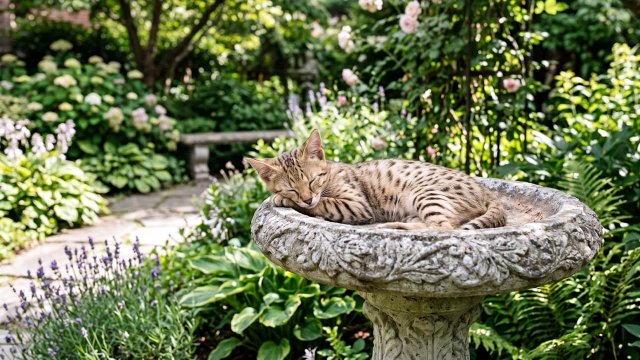 Ultra-realistic high-quality photograph of a Savannah kitten sleeping peacefully inside a dry, ornate stone birdbath surrounded by lush greenery and flowers in a vibrant garden.