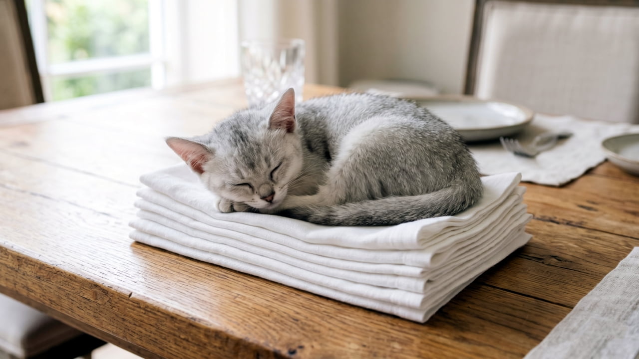 Ultra-realistic high-quality photograph of a silver Burmilla kitten sleeping curled up on top of a neatly folded stack of white cloth napkins on a rustic wooden dining table.