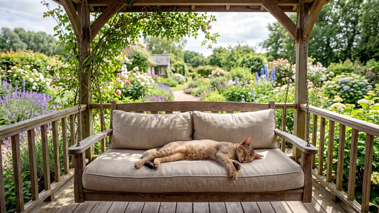 Ultra-realistic high-quality photograph of a Chausie kitten sleeping peacefully on the beige cushion of a wooden porch swing in a lush, blooming summer garden.