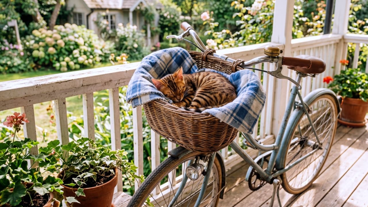Ultra-realistic high-quality photograph of a Toyger kitten sleeping curled up on a blue plaid blanket inside the wicker basket of a vintage light blue bicycle on a sunny wooden porch.