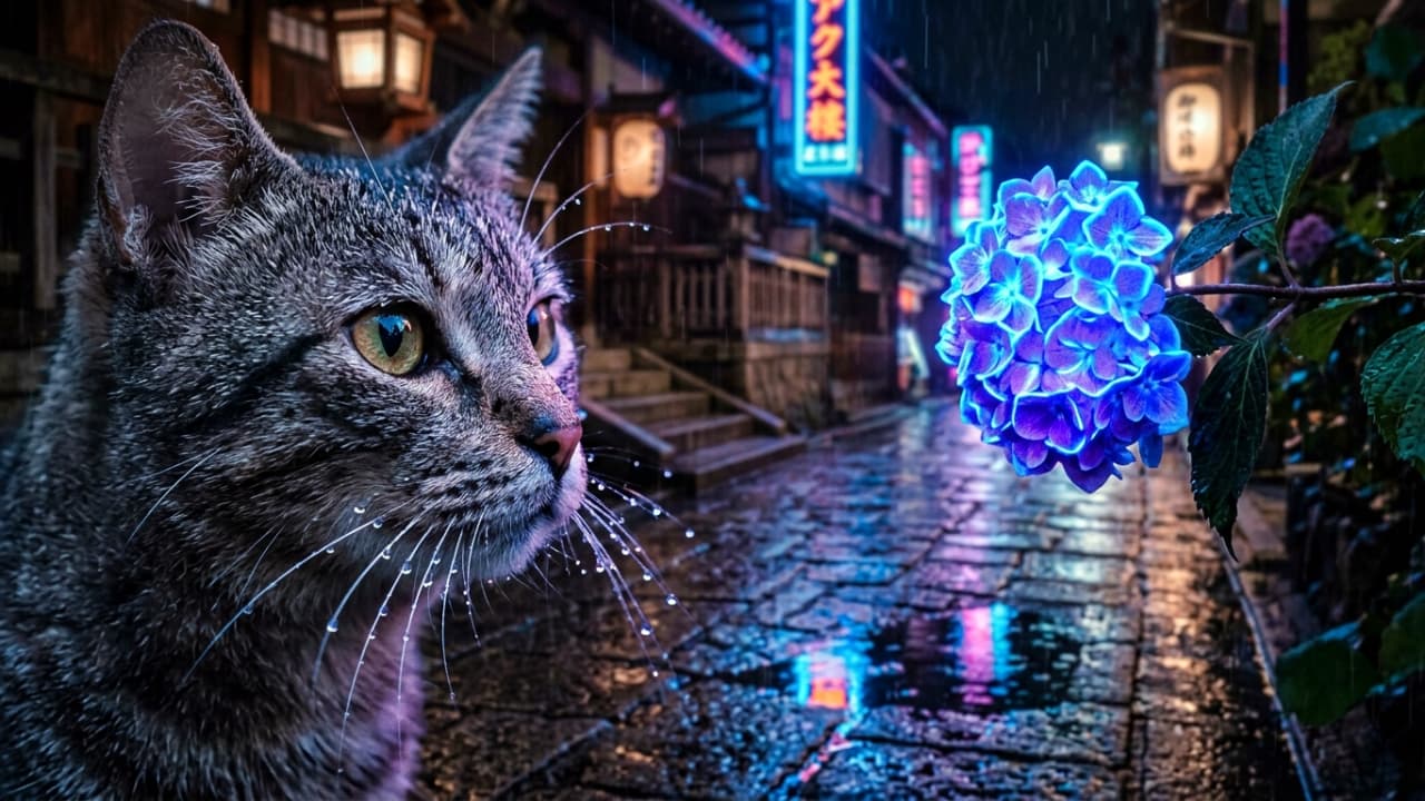 "Ready for a magical rainy adventure! ☂️✨⛩️ #CatPhotography #JapanVibes" Ultra-realistic high-quality photograph of an elegant long-haired cat holding a purple Japanese umbrella, standing near a torii gate and blue hydrangeas in the rain.