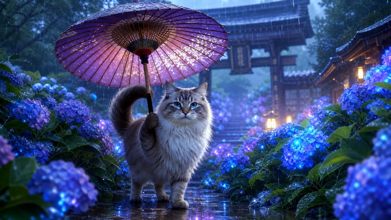 "Ready for a magical rainy adventure! ☂️✨⛩️ #CatPhotography #JapanVibes" Ultra-realistic high-quality photograph of an elegant long-haired cat holding a purple Japanese umbrella, standing near a torii gate and blue hydrangeas in the rain.