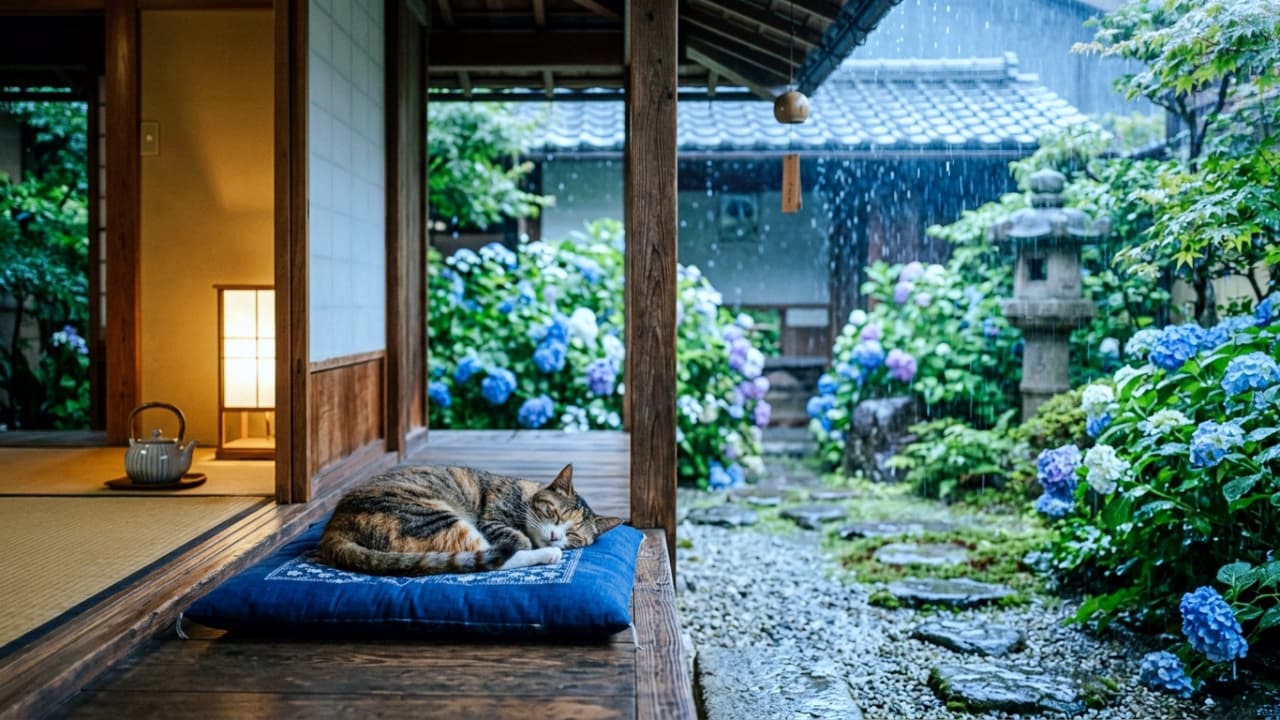 "Nothing beats a cozy rainy day nap on the porch. 💤🌧️🌿 #CozyCat #RainyDay" Ultra-realistic high-quality photograph of a cat sleeping on a blue cushion on a traditional Japanese wooden porch, with a rainy hydrangea garden in the background.