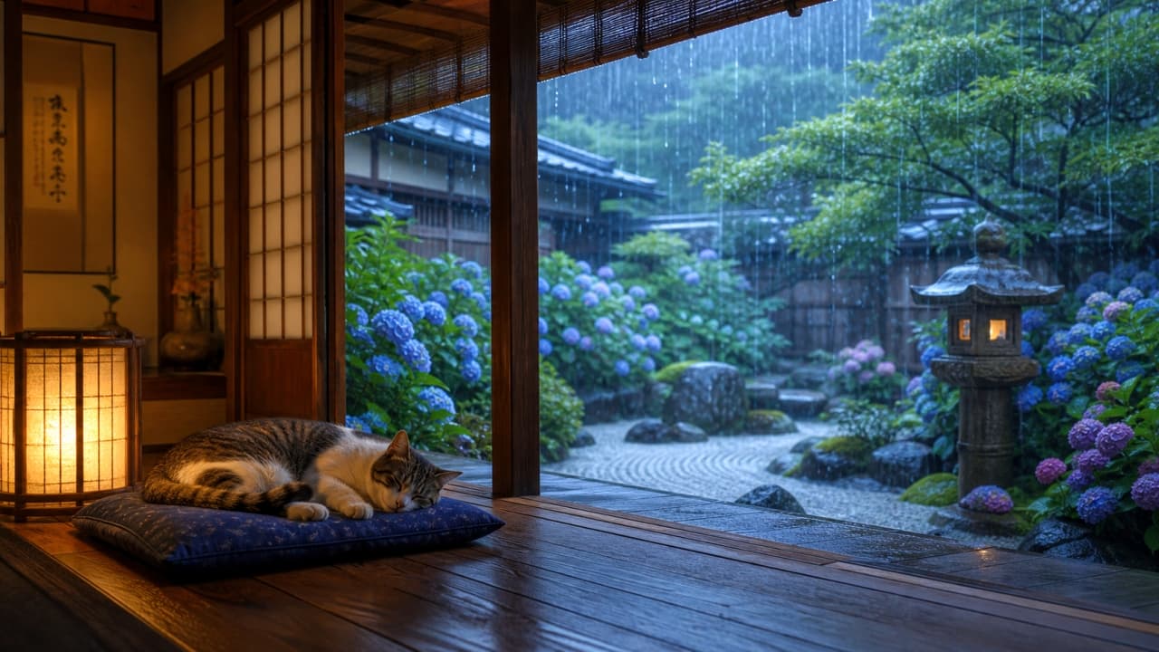 "Zen moments on a beautiful rainy afternoon. 🌧️💤🌿 #ZenGarden #SleepingCat" Ultra-realistic high-quality photograph of a cat sleeping peacefully on a blue cushion on a porch, overlooking a rainy Japanese zen garden.