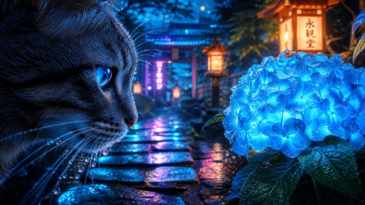 "Exploring the glowing streets tonight! 🌃🐾💠 #CyberCat #NeonVibes" Ultra-realistic high-quality photograph of a tabby cat staring at a luminescent blue hydrangea on a wet, cobblestone street at night.