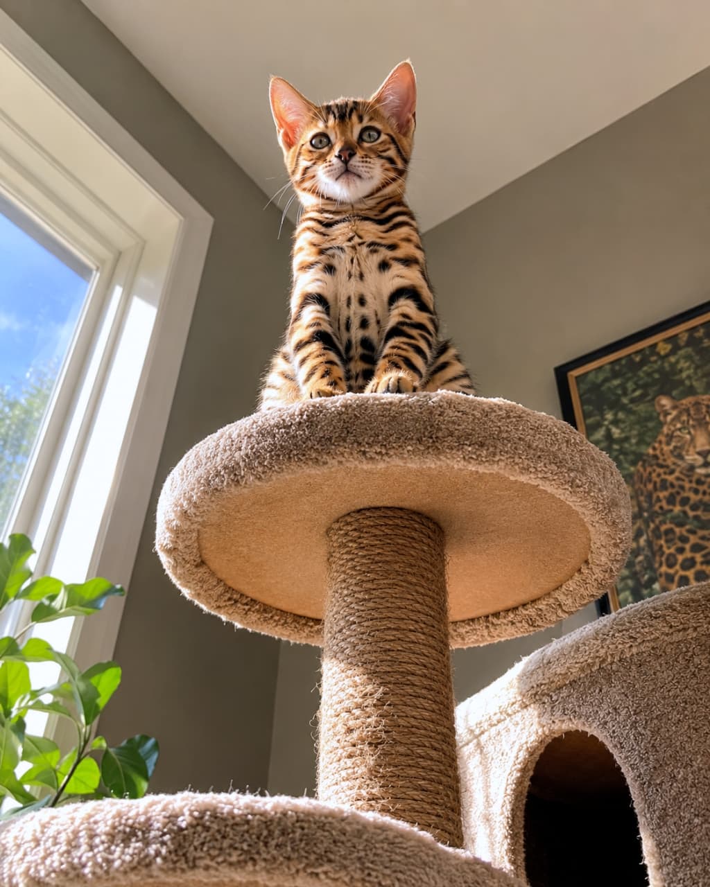 ""King of the Castle!" 🐾 This brave little Bengal just conquered the highest peak in the living room. There’s no stopping this tiny explorer now! ✨ #KittenMilestones #BengalKitten #CatTreeAdventures" Ultra-realistic high-quality photograph of a spotted Bengal kitten sitting proudly on top of a tall sisal-wrapped cat tree. The scene is bathed in warm, natural sunlight coming through a nearby window, highlighting the kitten’s sleek coat and curious expression. Low-angle shot emphasizing the kitten’s milestone of reaching the summit.