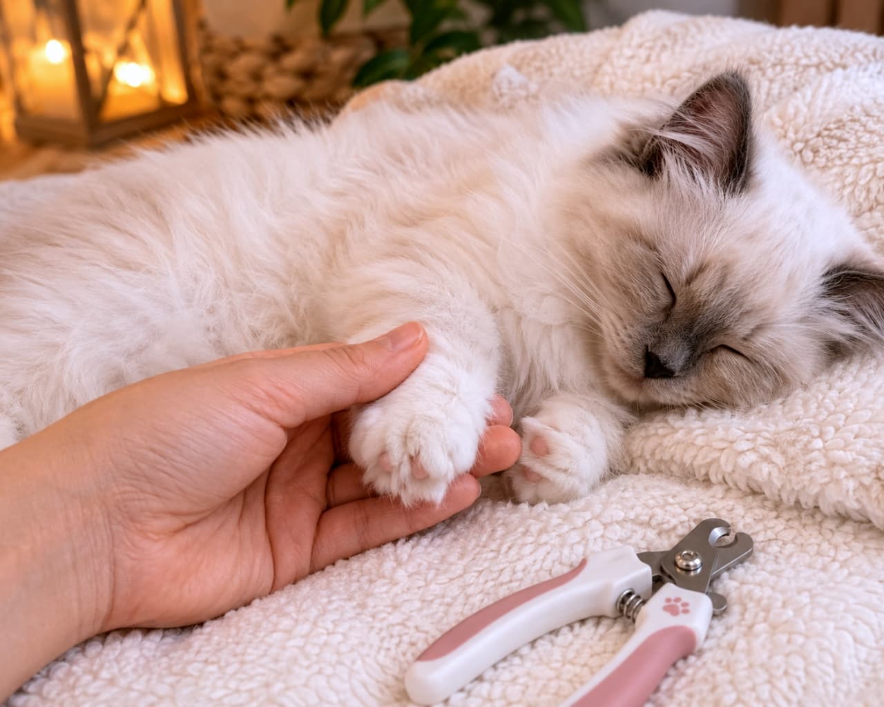 "Paws-itive training! ✂️✨ We're reaching the milestone of "paw-touching" while someone's having sweet dreams. Building trust now makes future grooming a breeze! 🐾💕 #KittenTraining #GroomingMilestone #PawsAndClaws #KittenCare" Ultra-realistic high-quality photograph of a fluffy, light-colored kitten sleeping peacefully on a soft sherpa blanket. A human hand is gently holding the kitten's paw, with a pair of pink pet nail clippers resting nearby. Capturing the important training milestone of desensitization and grooming preparation through trust.