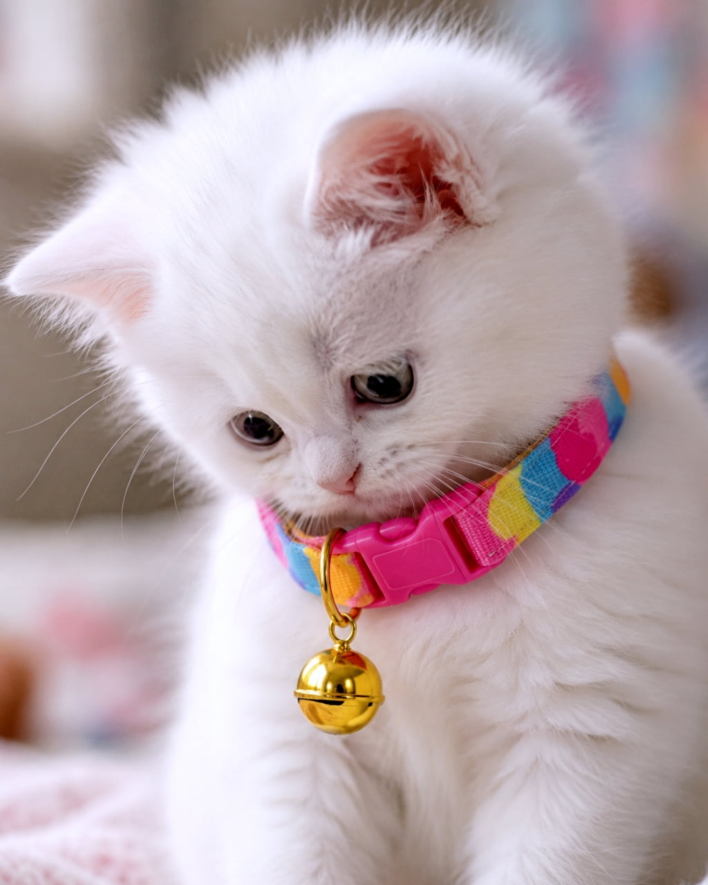 "Level up! 💖 Our little marshmallow just got their very first collar. Don’t they look so stylish with that little gold bell? ✨ #FirstCollar #KittenStyle #FluffyCat" Ultra-realistic high-quality photograph, close-up of a fluffy white kitten wearing a colorful pink and blue collar with a gold bell. The kitten is looking down, highlighting the soft texture of its fur and the shiny detail of the bell. A milestone of getting its first identification accessory.