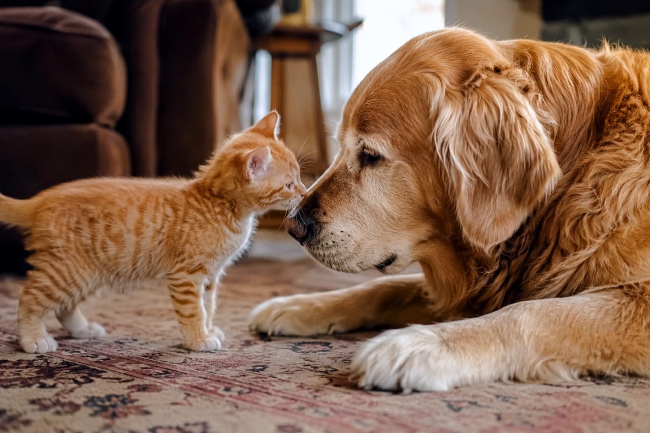 "Size doesn’t matter when you’re making a new best friend! 🐾 The sweetest first meeting between our tiny ginger and his big brother. My heart is melting! 🧡✨ #BestFriends #KittenAndDog #SweetMoments" Ultra-realistic high-quality photograph capturing a heartwarming milestone: a tiny ginger kitten touching noses with a large, gentle Golden Retriever. The scene takes place on a patterned rug indoors, highlighting a peaceful first encounter between two different species.