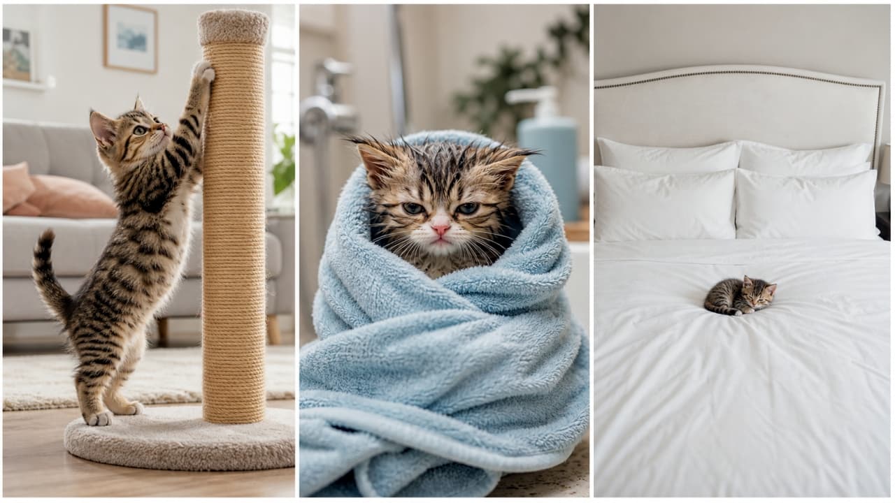 Ultra-realistic high-quality photograph collage of a tabby kitten: stretching on a scratching post, looking grumpy wrapped in a blue towel after a bath, and sleeping in the middle of a large white bed.