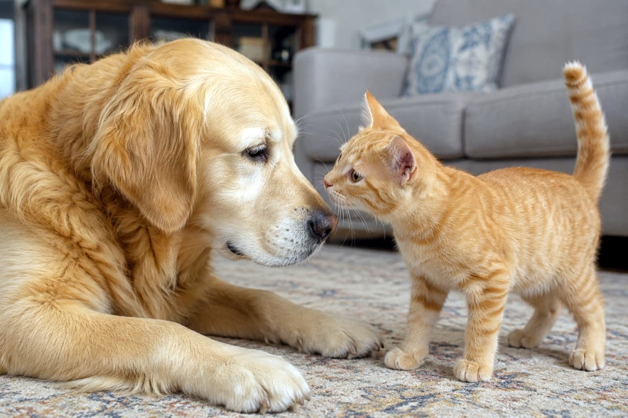"Taking a brave step! 🐾 Socializing with the "big dog" is a huge milestone for any kitten. Look at that confident tail! 🦁✨ #Socialization #BraveKitten #FurryFriends" Ultra-realistic high-quality photograph of an orange tabby kitten standing with a raised tail, looking curiously at a Golden Retriever lying on a rug. The composition shows the kitten’s brave approach and the dog’s calm acceptance, illustrating the social training milestone.