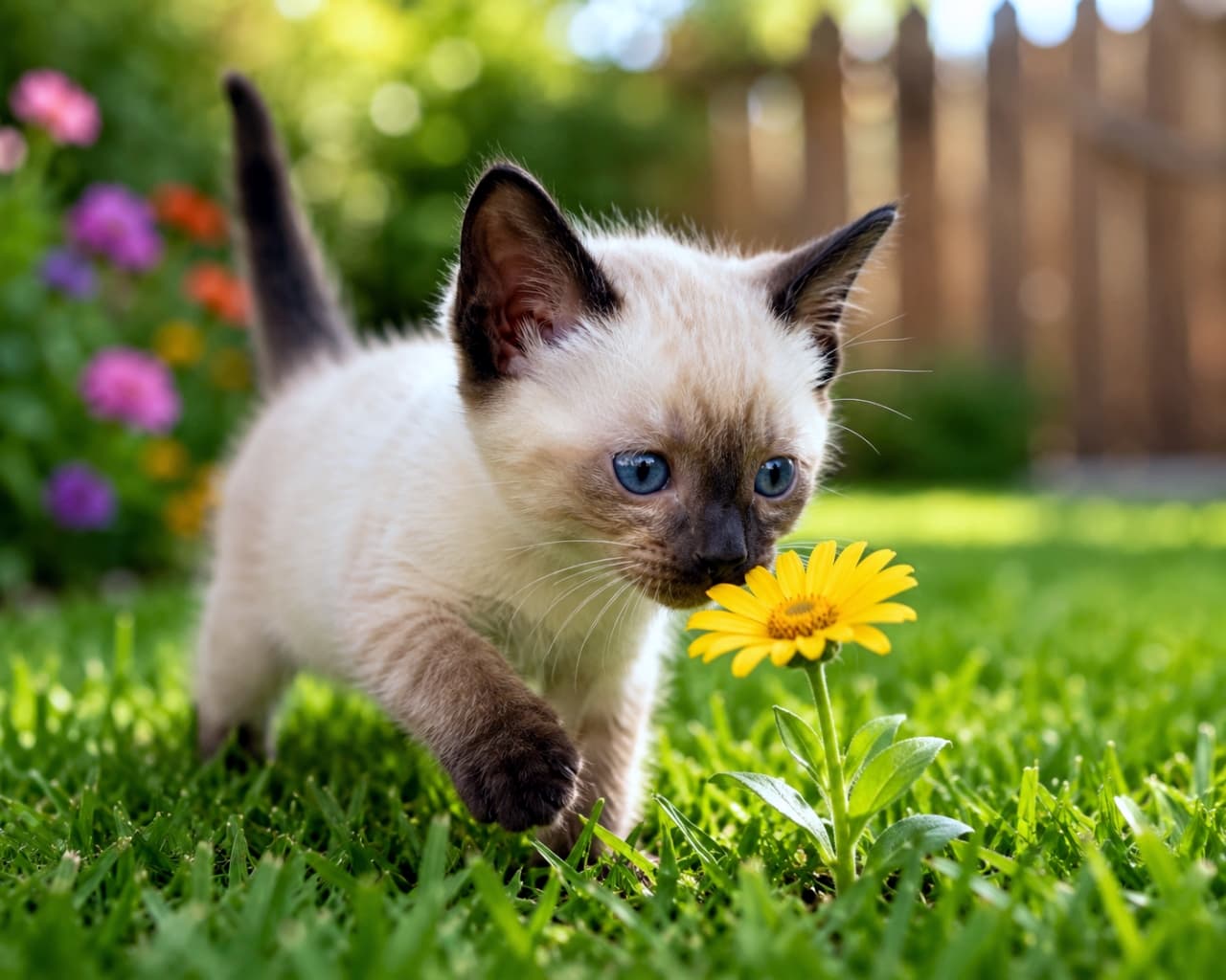 "Stop and smell the flowers! 🌼 This little explorer is discovering the magic of the backyard for the very first time. Everything is so new and exciting! ✨ #NatureLover #KittenExploration #FirstStepsOutside" Ultra-realistic high-quality photograph of a cream-colored Siamese kitten sniffing a bright yellow flower in a lush green garden. The kitten is carefully approaching the bloom, capturing the essence of its first outdoor exploration. Soft bokeh background with a wooden fence and pink flowers.