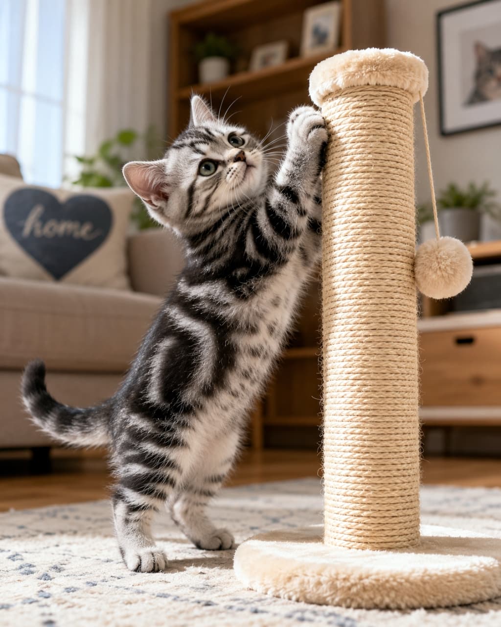 "Learning the ropes! 🐾 Saving the sofa, one scratch at a time. This little tabby is becoming a pro at using the scratching post! 💪✨ #KittenTraining #GoodKitty #ScratchingPost" Ultra-realistic high-quality photograph of a silver tabby kitten standing on its hind legs to use a tall sisal scratching post. The kitten is looking up with curiosity, showing a key training milestone. The background is a warm, out-of-focus living room with soft afternoon light.