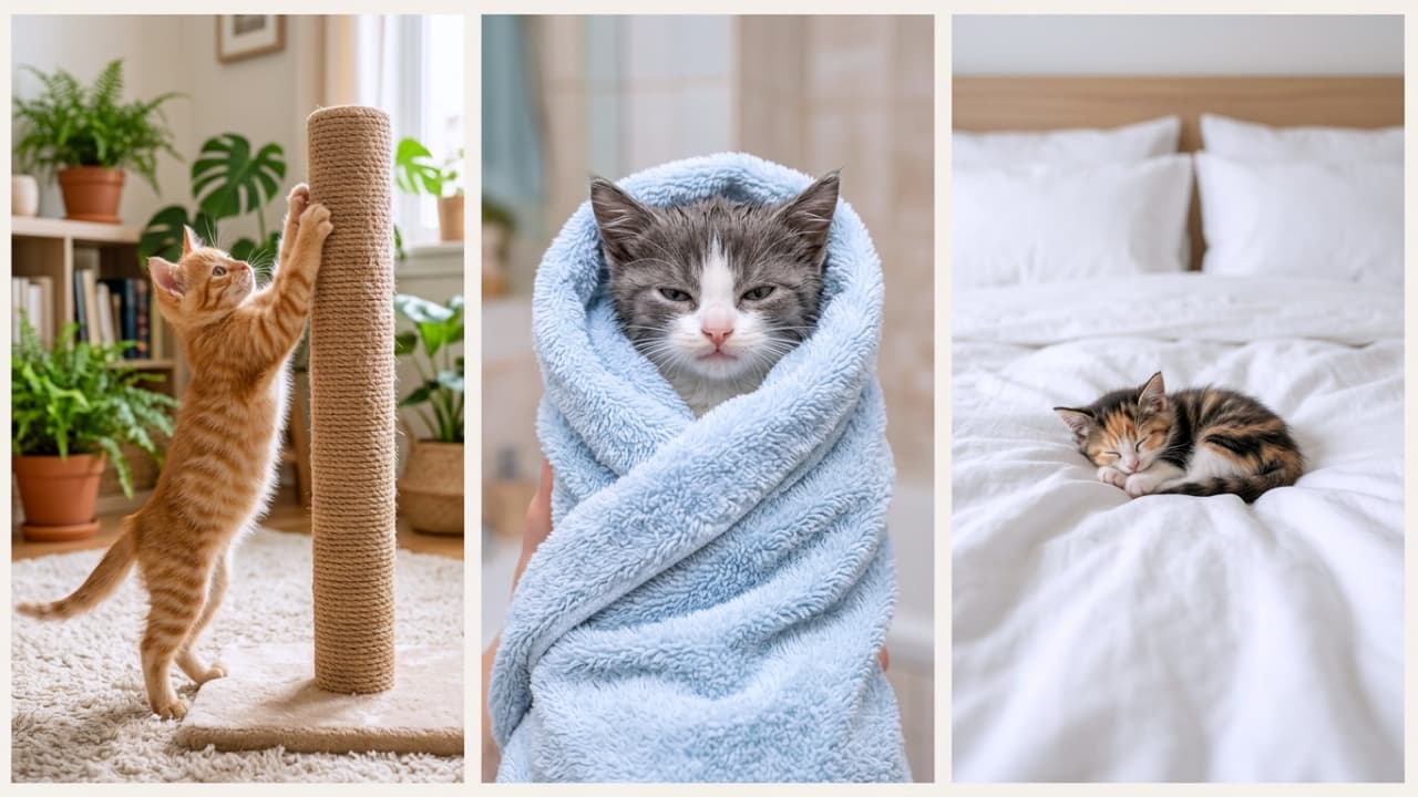 Ultra-realistic high-quality photograph collage showing three scenes of kittens: an orange tabby scratching a post, a grey and white kitten wrapped in a blue towel, and a calico kitten sleeping on a white bed.
