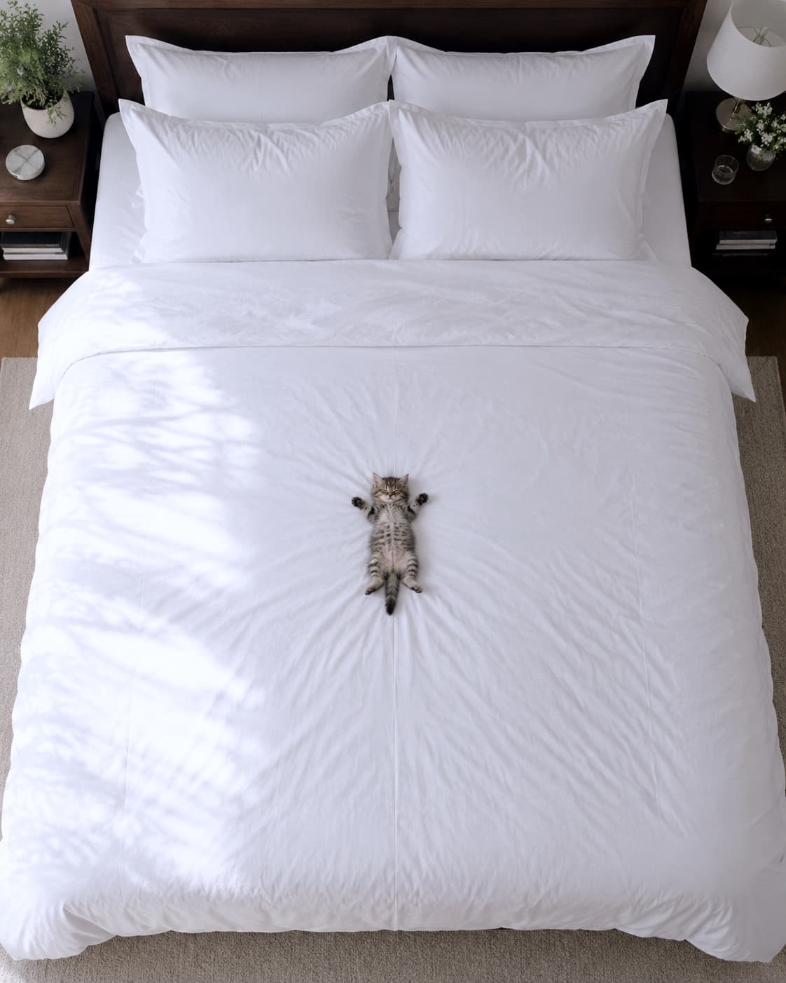 ""The bed is officially mine!" 💤 This tiny explorer just hit the ultimate comfort milestone: the first "belly-up" nap in the big bed. Total trust and zero worries! ✨ #KittenMilestones #BellyUp #SweetDreams #HomeComfort" Ultra-realistic high-quality photograph taken from a bird's-eye view, showing a tiny tabby kitten sleeping flat on its back with paws up in the middle of a massive king-size bed. The bed is covered in crisp white linens and pillows. Soft morning sunlight filters through the window, creating a serene milestone of a kitten feeling completely safe in its new home.