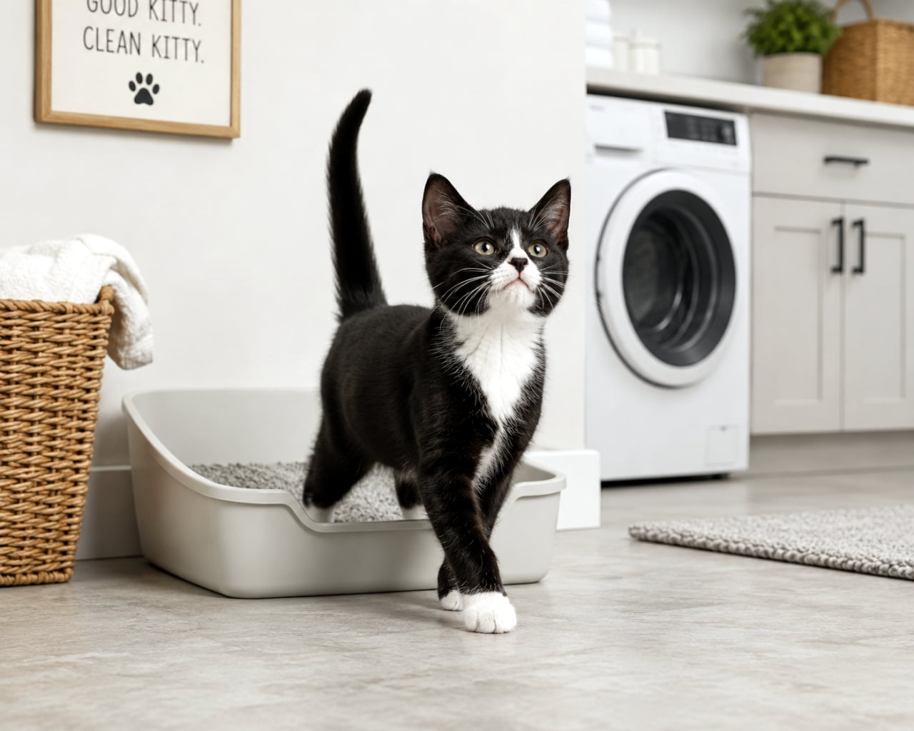 "Look at that confident stride! 🐾 Potty training is going great for this little tuxedo. One giant leap for kitten-kind! 🏠✨ #KittenTraining #SmartCat #HomeSweetHome" Ultra-realistic high-quality photograph of a black and white tuxedo kitten stepping out of a grey litter box in a modern, bright laundry room. The kitten has an upright tail and a proud posture. Background includes a white washing machine and stylish decor, symbolizing successful housebreaking and training milestones.