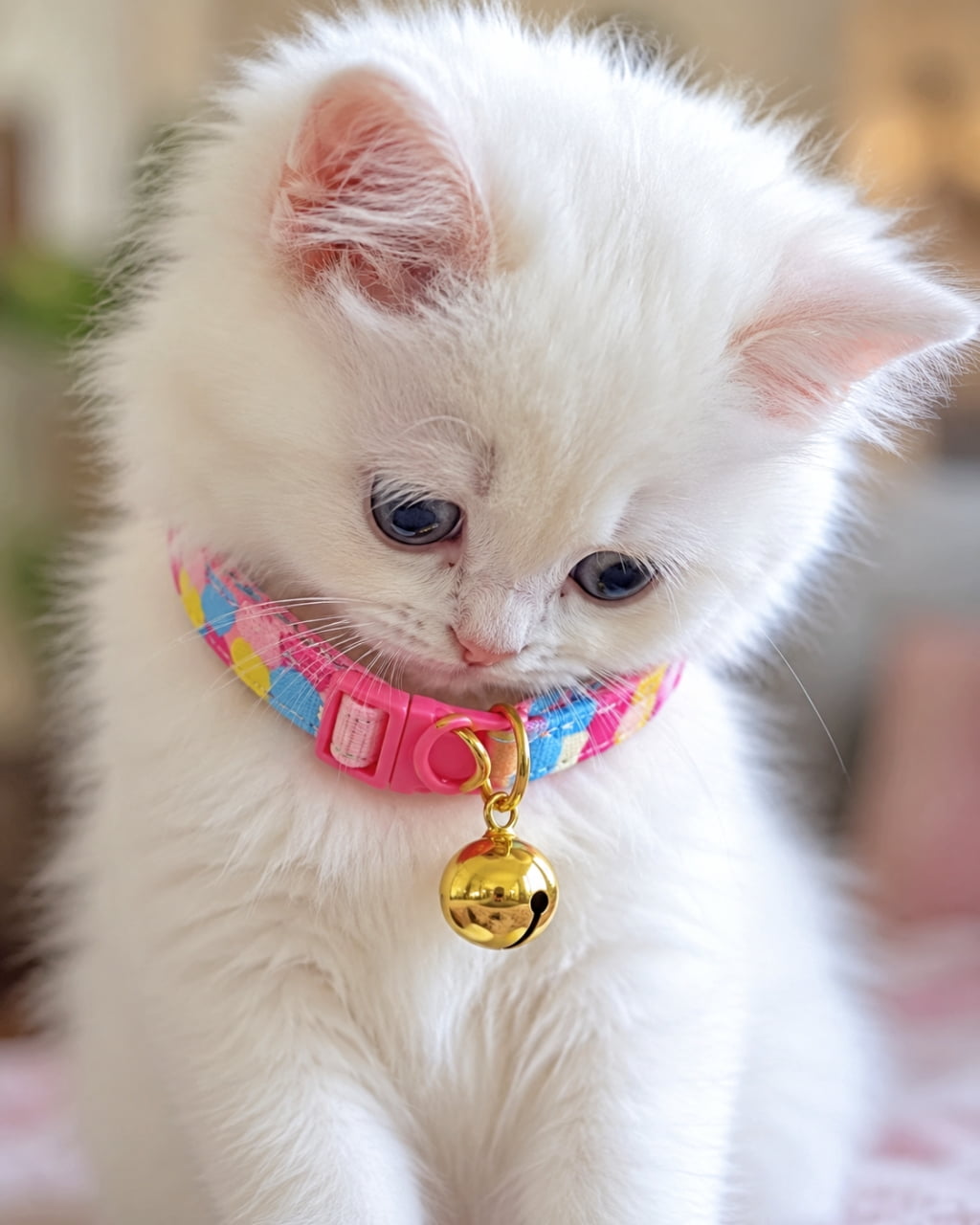 "Growing up so fast! 🎀 One day they’re a tiny puff, the next they’re rocking their first collar like a pro. A milestone we’ll always remember! ✨ #KittenGrowth #PrettyInPink #PetMilestones" Ultra-realistic high-quality photograph featuring a portrait of a fluffy white kitten wearing a vibrant patterned collar with a bell. The kitten has a thoughtful expression, with soft, natural lighting creating a dreamy atmosphere. A milestone moment of becoming a "proper" pet.