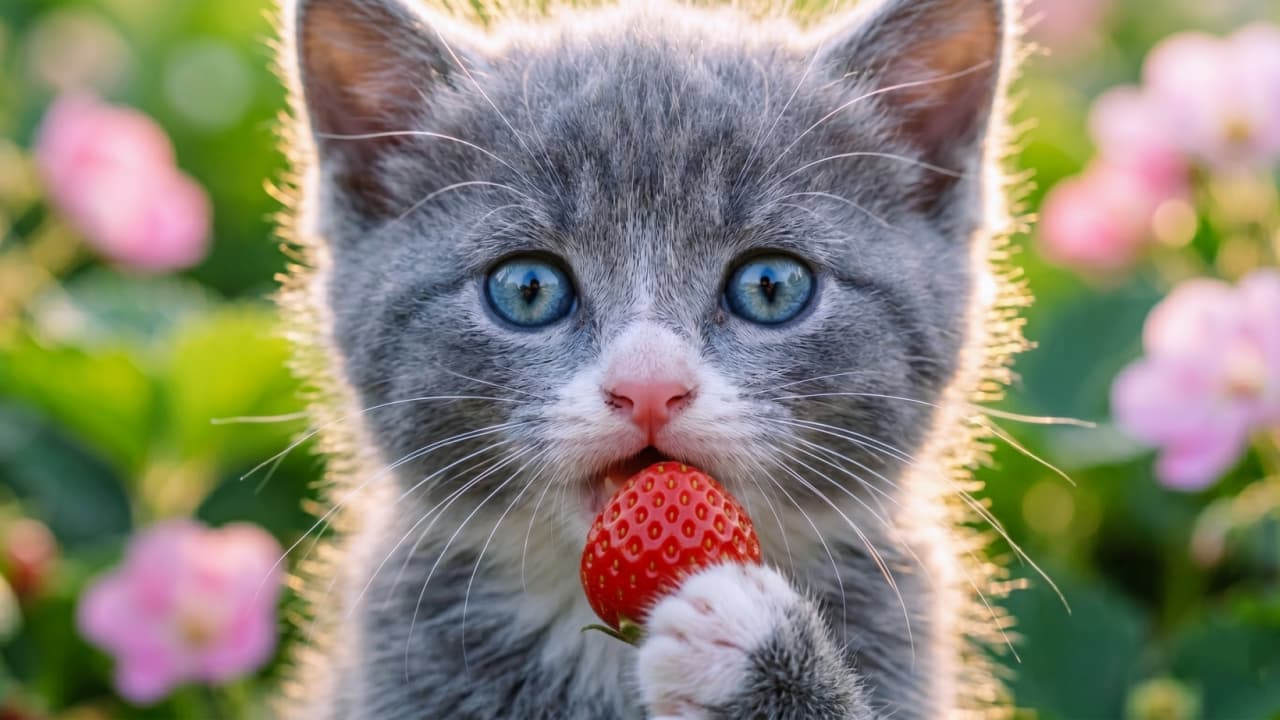 An ultra-realistic macro close-up portrait of an adorable blue-grey and white kitten. The kitten is looking directly at the camera with slightly cross-eyed, intense blue eyes while delicately holding a bright red strawberry to its mouth with a tiny white-toed paw. The background is a dreamy, soft-focus bokeh of green leaves and pink strawberry blossoms bathed in warm sunlight.