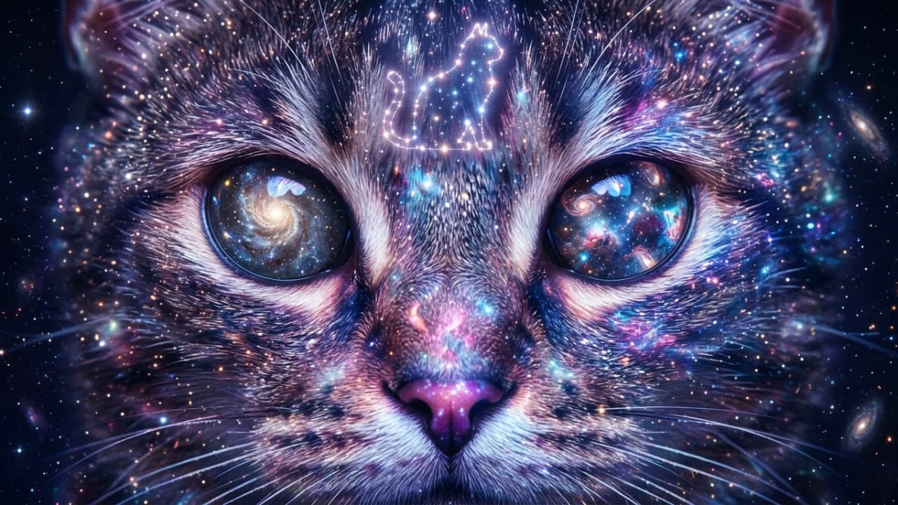 Ultra-realistic high-quality photograph/digital art of a long-haired cat's face close-up, featuring mesmerizing eyes containing swirling galaxies and nebulas. The cat's fur blends seamlessly into a starry, cosmic background with blue, purple, and pink hues, and a glowing cat constellation shines on its forehead.