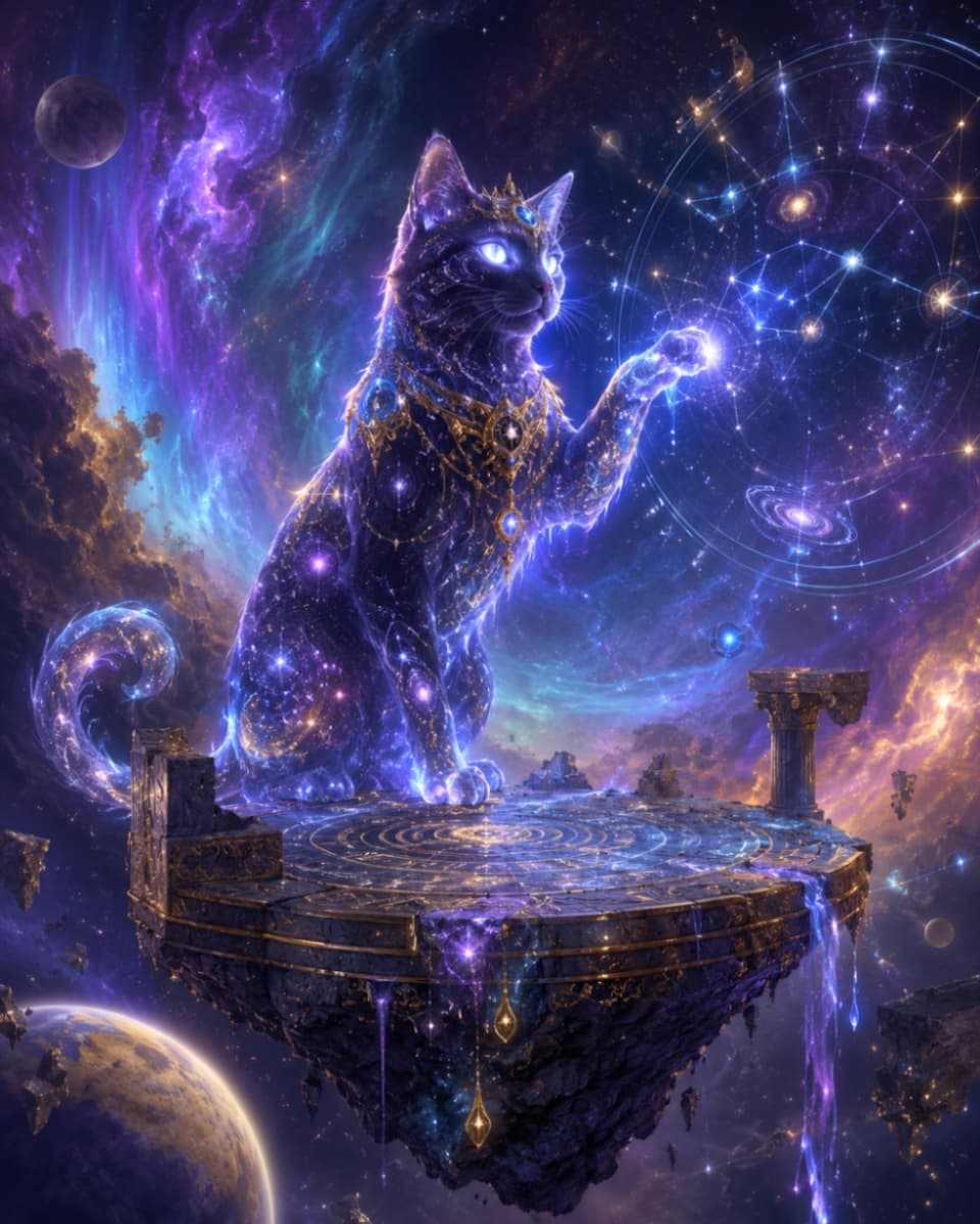 "Unlocking the secrets of the cosmos. Command the stars with the eternal wisdom of the cosmic feline king." An ultra-realistic high-quality photograph of a majestic, cosmic short-haired cat with a regal posture, its fur composed of deep purple and neon blue galaxies swirling with glowing stars. The cat wears an ornate golden celestial collar and a small crown between its ears. It sits upon an ancient, floating stone platform engraved with glowing concentric circles, raising one paw to interact with a luminous, complex holographic star chart suspended in the air. The background is a vast and detailed deep space environment filled with vibrant nebulas, a visible planet in the lower corner, and floating rock fragments illuminated by dramatic, cosmic light.