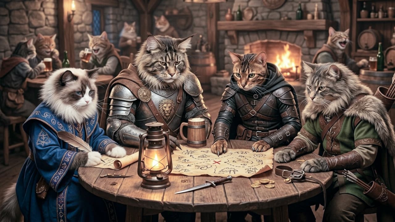 "The ultimate quest begins! Gather your party before venturing forth. Which class would your cat choose? Tag your adventuring squad! 🗺️⚔️🏹 #CatAdventure #RPG #FantasyParty #EpicCats #GamerLife" An ultra-realistic, high-quality landscape photograph of four anthropomorphic cat adventurers gathered around a circular wooden table in a medieval tavern. From left to right: a Ragdoll cat in a blue scholar's robe holding a quill over a scroll; a large Maine Coon in heavy steel plate armor with a lion emblem; a Bengal cat in dark leather rogue armor staring intently at the table; and a long-haired tabby cat with a bow and arrows on its back dressed as a ranger. They are examining a detailed treasure map with a red 'X' mark under the warm glow of a lantern. The background is a bustling, cozy tavern filled with other cat patrons, a roaring fireplace, and wooden barrels.