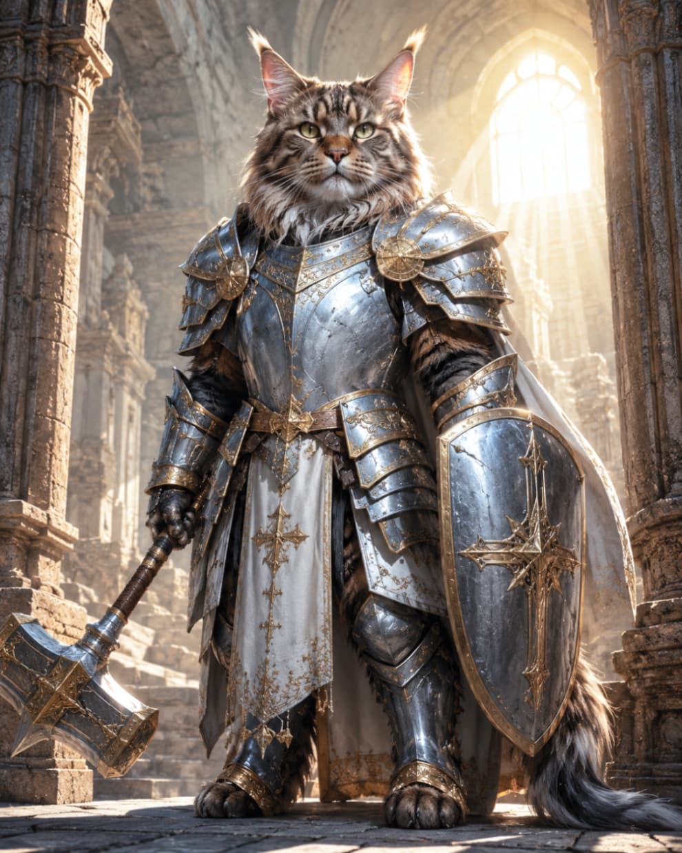 "Behold the ultimate feline protector! Ready to defend the kingdom with honor, strength, and maximum fluffiness. ⚔️🛡️✨ #CatWarrior #FantasyCats #MaineCoonPower #EpicPets" An ultra-realistic, high-quality photograph of a majestic Maine Coon cat standing heroically as a warrior. The cat has long, fluffy brown tabby fur, distinct tufted ears, and a fierce, determined expression with intense yellow-green eyes. It is wearing intricately detailed, polished silver and gold plate armor over a white tunic adorned with a golden cross. The cat holds a massive, ornate warhammer in one paw and a large silver shield featuring a golden sunburst design in the other. The setting is a grand, ancient stone cathedral with cinematic sunbeams streaming through a large arched window in the background, creating a divine and powerful atmosphere.