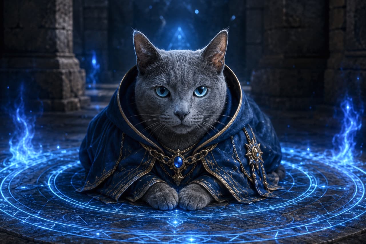 "Spell casting in progress... Prepare to be enchanted by this mystical blue-eyed sorcerer! What spell do you think he's brewing? 🔮✨🐈 #MagicCat #FantasyArt #CuteMage #WizardCat" An ultra-realistic, high-quality photograph of a sleek Russian Blue cat acting as a powerful mage. The cat has smooth, solid grey fur, striking luminous blue eyes, and a calm, highly intelligent gaze. It is wearing a dark navy blue hooded velvet robe with delicate gold embroidery and a brilliant blue jeweled amulet around its neck. The cat is lying down at the center of a brilliantly glowing blue magic circle filled with intricate arcane runes, etched onto a dark stone floor. Whisps of blue magical flame rise from the ground, set against the backdrop of a dark, mysterious ancient dungeon.