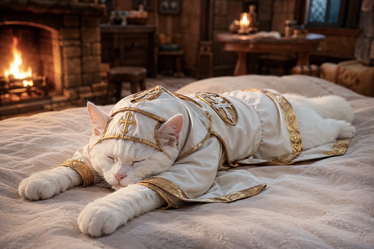 "Even the holiest protectors need a catnap. Wishing you a blessed, cozy, and purr-fect day! 💤🙏✨ #HolyCat #Catnap #CozyVibes #SleepingBeauty" An ultra-realistic, high-quality photograph of a serene white cat dressed as a high priest or pope, relaxing on a bed. The cat has fluffy, pure white fur and is peacefully sleeping with its front paws stretched forward. It wears a luxurious white and gold ceremonial robe and a matching clerical hood adorned with a golden cross. The setting is a cozy, warm bedroom featuring a crackling fireplace in the background, a wooden table with a burning candle, and soft, ambient lighting that enhances the peaceful and holy atmosphere.