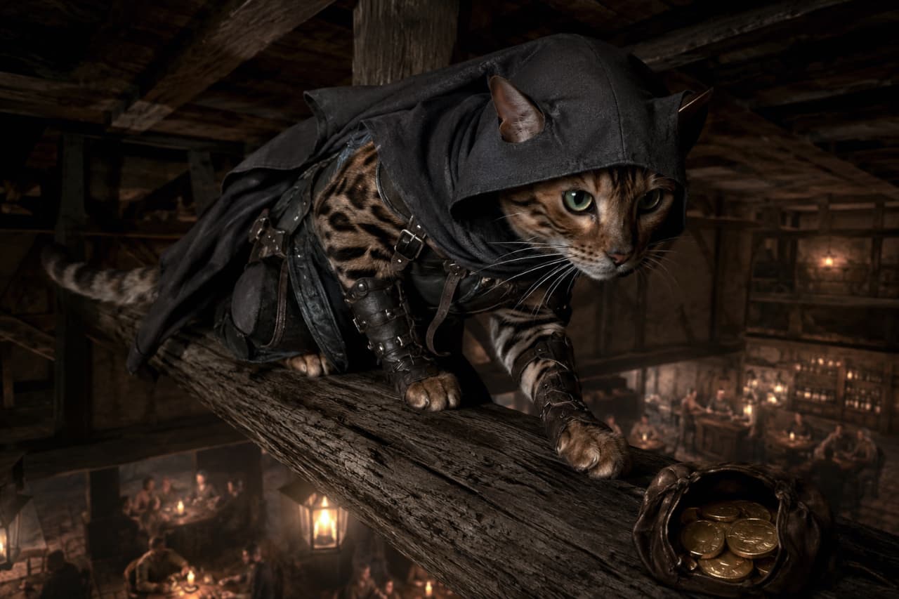 "Sneaking around and stealing hearts (and maybe some gold)! Watch your coin purses, fellow adventurers! 🪙🐾🐈⬛ #ThiefCat #RPGAdventure #BengalCat #StealthMode" An ultra-realistic, high-quality photograph of a Bengal cat acting as a stealthy rogue or thief. The cat features distinct, vivid rosette-patterned leopard fur, bright green eyes, and an alert, focused expression. It wears a dark grey hooded cloak and leather arm bracers with metal studs, crouching low on a rustic wooden ceiling beam inside a dimly lit medieval tavern. On the beam in front of the cat sits a small leather pouch overflowing with shiny gold coins. In the background, far below, the warm, blurred lights of the tavern reveal patrons drinking and socializing around tables.