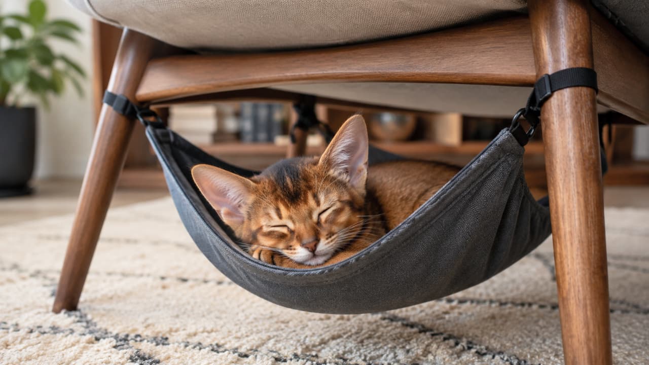 Ultra-realistic high-quality photograph of an Abyssinian-style kitten sleeping soundly in a cozy gray fabric hammock attached under a wooden chair. Its large ears and beautiful ruddy ticked tabby coat are highlighted by the warm, ambient room lighting.