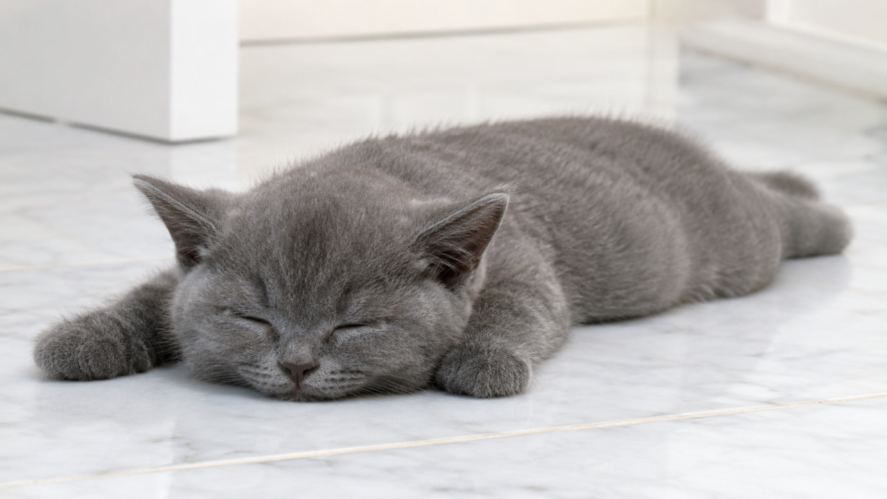 Ultra-realistic high-quality photograph of a blue British Shorthair kitten sleeping completely flat on a cool white marble floor. The velvety texture of its dense coat and its relaxed, melting pose convey a sense of ultimate peacefulness.