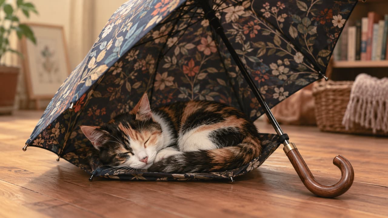 Ultra-realistic high-quality photograph of an adorable calico kitten curled up and sleeping inside an open floral-patterned umbrella on a wooden floor. The vibrant coat colors harmonize perfectly with the elegant umbrella design under soft natural light.