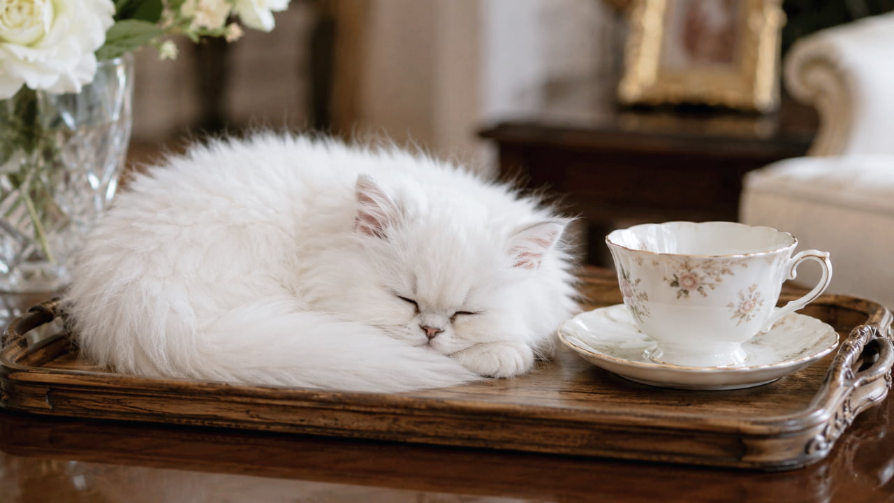 Ultra-realistic high-quality photograph of a fluffy white Persian cat sleeping peacefully on a vintage wooden tray next to an elegant floral teacup. The soft lighting and classic interior background evoke a sense of a graceful, quiet afternoon tea time.