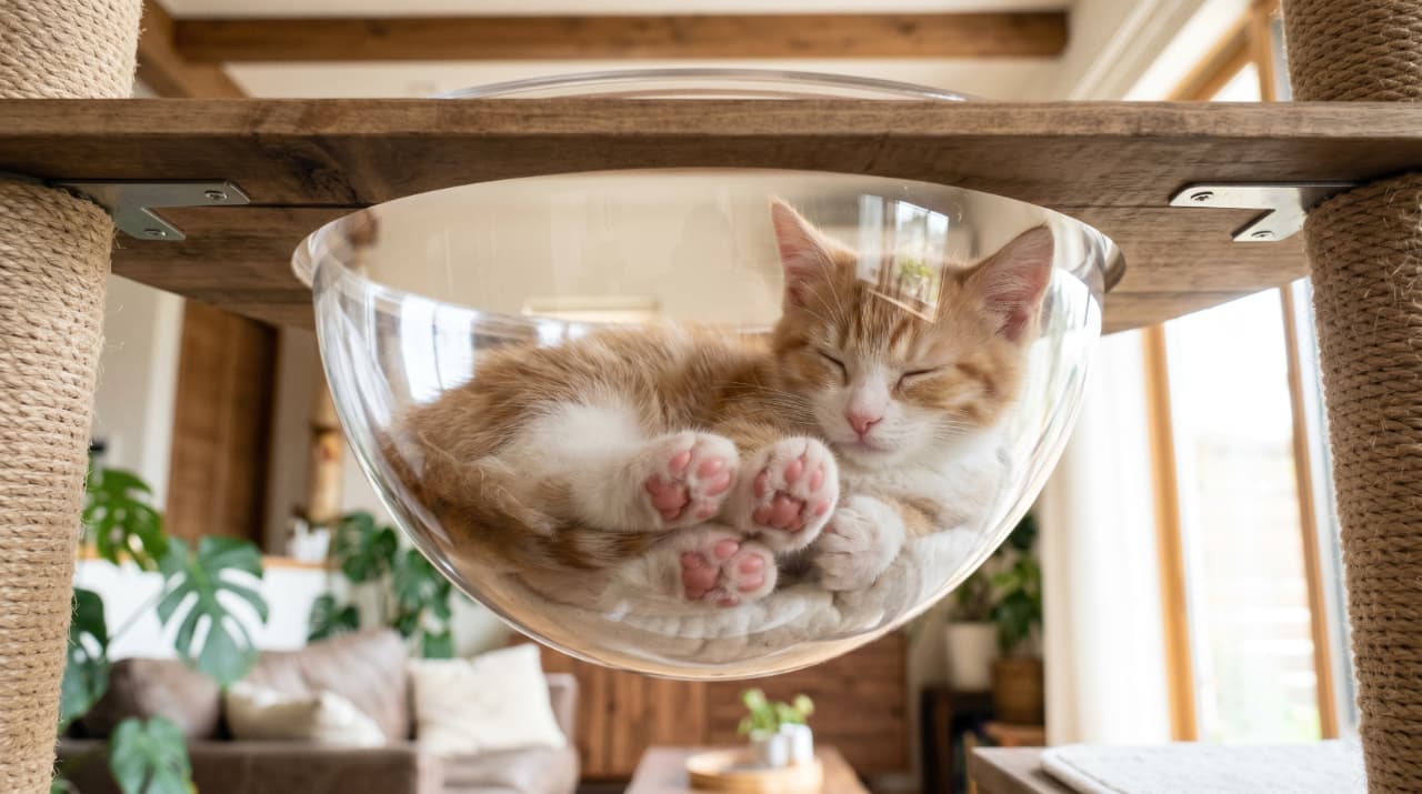 Ultra-realistic high-quality photograph of a red tabby and white Munchkin kitten sleeping curled up inside a clear acrylic bowl attached to a cat tree. The transparent material allows a perfect, adorable view of its fluffy belly and squishy pink toe beans.