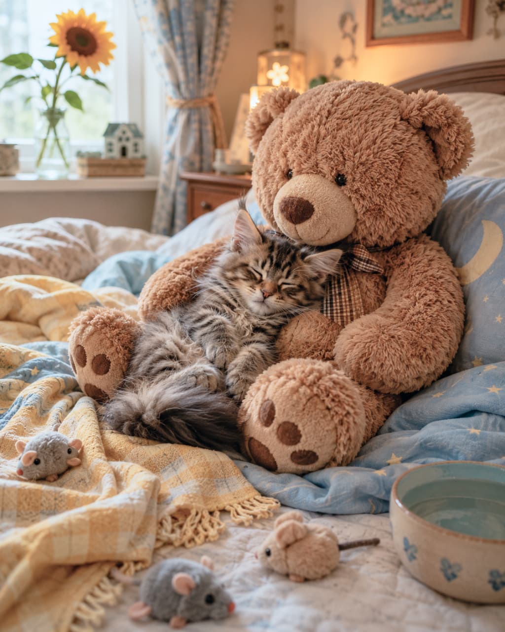 Ultra-realistic high-quality photograph of a fluffy Maine Coon-style tabby kitten sleeping peacefully in the arms of a giant teddy bear on a cozy bed. The warm orange light, sunflowers, and toy mice create a nostalgic and heartwarming scene.