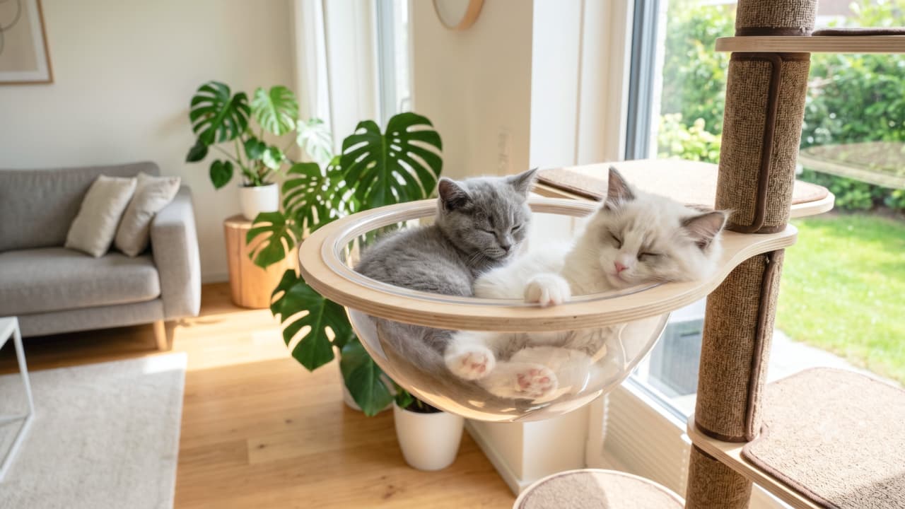 Ultra-realistic high-quality photograph of two adorable kittens sleeping snuggled up together inside a clear acrylic bowl on a modern cat tree. The left is a blue-grey British Shorthair-style kitten, and the right is a fluffy white Ragdoll-style kitten showing its pink paw pads. The bright, stylish living room features a lush Monstera plant, a cozy sofa, and warm natural light streaming through the window.