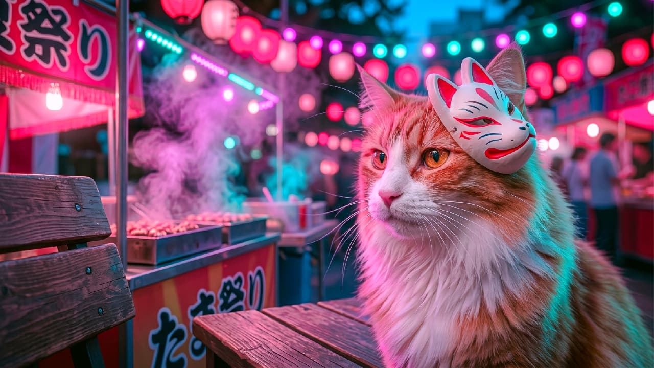 "Lost in the neon glow of the summer night... 🌌💖 With a fox mask and a gaze full of wonder, this mystical kitty is the true spirit of the festival. Double tap if you’re mesmerized! 🐾✨ #NeonCat #SummerVibes #MysticalFeline" A close-up, ultra-realistic high-quality cinematic photograph focusing on a magnificent long-haired orange and white cat at a Japanese night festival. A white Kitsune fox mask with vibrant red accents sits elegantly on its head. The cat's bright golden eyes gaze into the distance with a calm, mystical expression, highlighted by intense pink and cyan neon lights from the nearby stalls. In the soft-focus background, a lively takoyaki stall emits warm steam beneath strings of colorful festival lanterns, casting an enchanting, atmospheric glow over the entire scene.