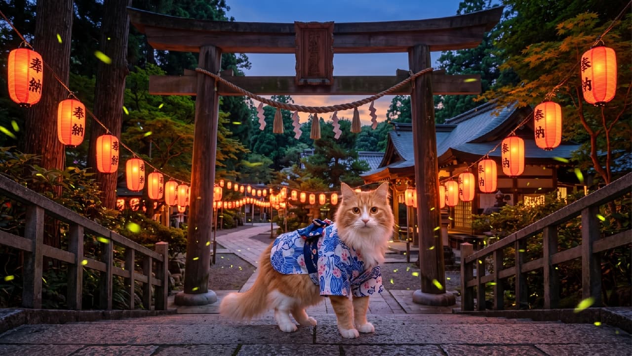"Stepping into a magical summer night! 🏮✨ This handsome boy is all dressed up in his finest yukata, ready to explore the twilight festival. Would you join him for a stroll under the lanterns? 🐾💙 #SummerFestivalCat #YukataCats #MagicalNight" An ultra-realistic, high-quality photograph of a majestic long-haired orange and white cat, resembling a Norwegian Forest Cat, standing elegantly on the stone pathway of a traditional Japanese shrine at twilight. The cat is wearing a beautiful blue yukata adorned with white and pink wave and floral patterns, secured with a deep blue obi. Its amber eyes look directly at the camera with a calm and serene expression. The background features a grand wooden Torii gate, rows of glowing red festival lanterns inscribed with Japanese characters hanging along the path, and a scattering of magical green fireflies dancing in the dusky air, creating an enchanting summer festival atmosphere.