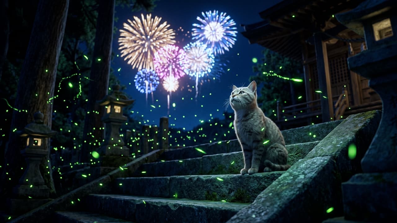 "A moment of pure summer magic... 🎇💚 Watching the sky light up from the quiet steps of a hidden shrine, surrounded by hundreds of dancing fireflies. A night to remember forever. ✨🐾 #FireflyNight #SummerFireworks #SacredCat" An ultra-realistic, high-quality dramatic photograph of a sleek brown tabby cat sitting peacefully on the moss-covered stone steps of an ancient, secluded Japanese shrine at night. The cat is captured from a low angle, looking up in awe at a spectacular display of white, pink, and blue fireworks exploding in the dark sky. The air around the steps is filled with a dense cloud of magical green fireflies, casting a soft, ethereal glow on the weathered stone structures, traditional stone lanterns (Toro), and the dark forest trees framing the scene.