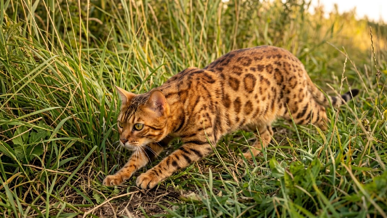 "Channeling the inner wildcat! 🐆🌿 Focused, graceful, and ready to pounce. #BengalCat #WildAtHeart #CatPhotography" Ultra-realistic high-quality photograph of a Bengal cat with vivid leopard-like rosettes, stalking low to the ground through tall green grass. The cat's expression is intensely focused, eyes locked forward. The lighting is warm golden hour sunshine, casting a beautiful glow on the cat's highly textured, wild-looking coat. The background is a natural outdoor environment, beautifully blurred to emphasize the feline's predatory grace.